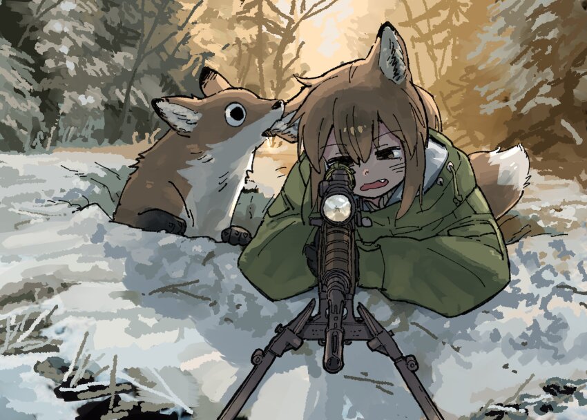 1girl, absurdres, aiming, animal_ear_fluff, animal_ears, biting, biting_ear, blush, brown_hair, fang, forest, fox, fox_ears, fox_girl, fox_tail, foxhole, green_jacket, gun, hair_between_eyes, highres, holding, holding_gun, holding_weapon, jacket, long_hair, nature, open_mouth, original, rifle, snow, tail, weapon, yihan_world