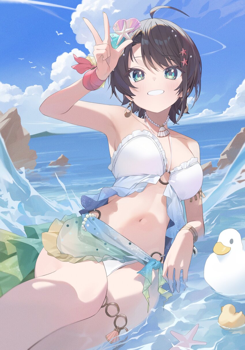 1girl, :d, absurdres, bikini, black_hair, blue_eyes, blue_sky, bracelet