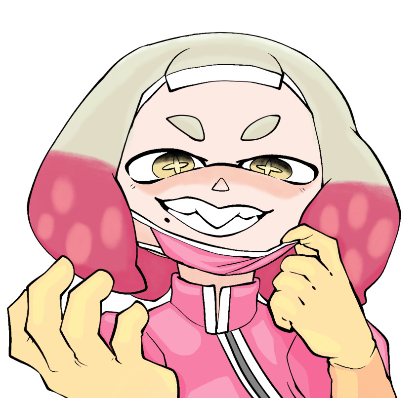 1girl, blush, bodysuit, cephalopod_eyes, cross-shaped_pupils, fang, gloves, grin