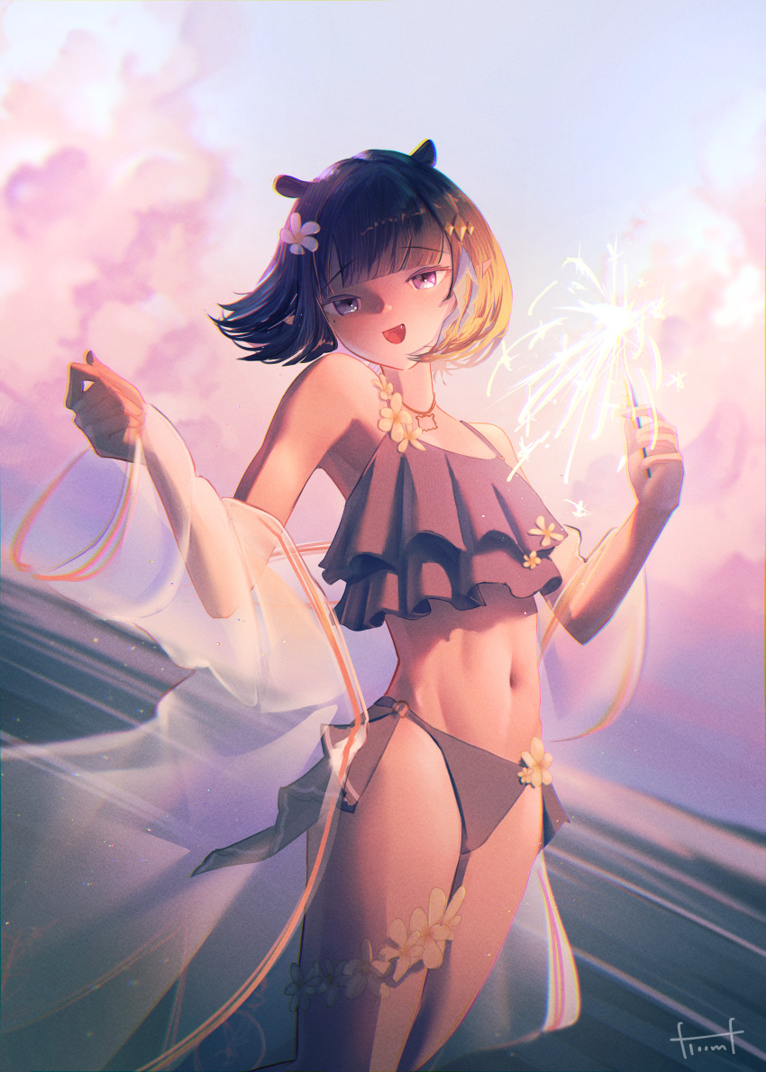 1girl, :d, absurdres, bikini, blunt_bangs, bob_cut, commentary, english_commentary