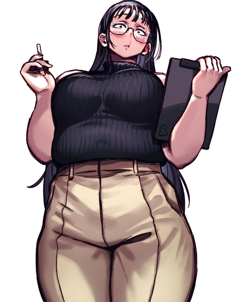 1girl, agawa_minako, bare_arms, black_eyes, black_hair, black_sweater, blush, breasts, clipboard, commentary_request, cowboy_shot, enim0chi, from_below, glasses, highres, holding, holding_clipboard, holding_tablet_pc, large_breasts, long_hair, looking_at_viewer, mole, mole_under_eye, muffin_top, pants, parted_lips, plump, ribbed_sweater, simple_background, sleeveless, sleeveless_sweater, sleeveless_turtleneck, solo, sankyuu_pitch, sweater, tablet_pc, turtleneck, turtleneck_sweater, white_background, wispy_bangs