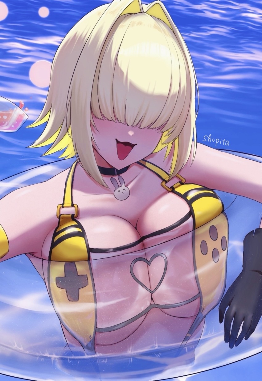 1girl, :d, black_choker, black_gloves, blonde_hair, breast_press, breasts, choker