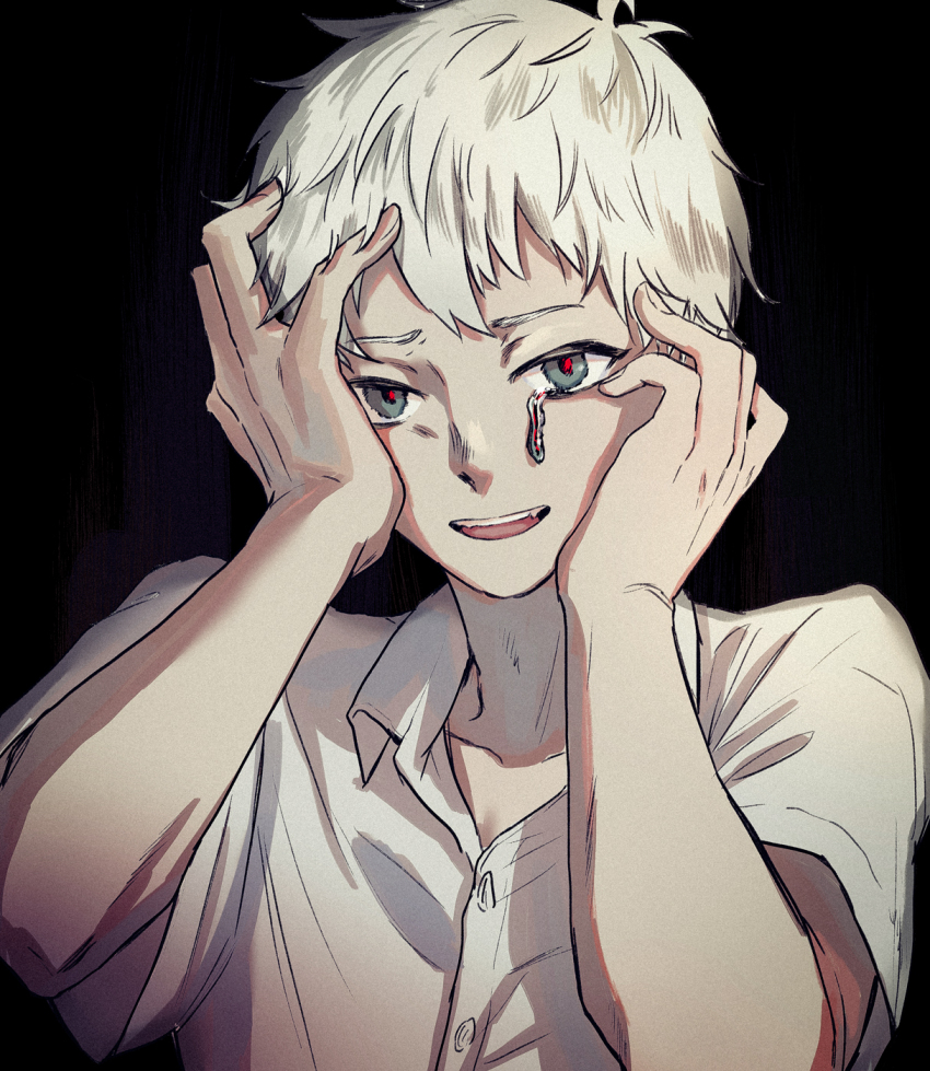 1boy, alternate_body_fluid, black_background, body_horror, collared_shirt, commentary, crying, crying_with_eyes_open