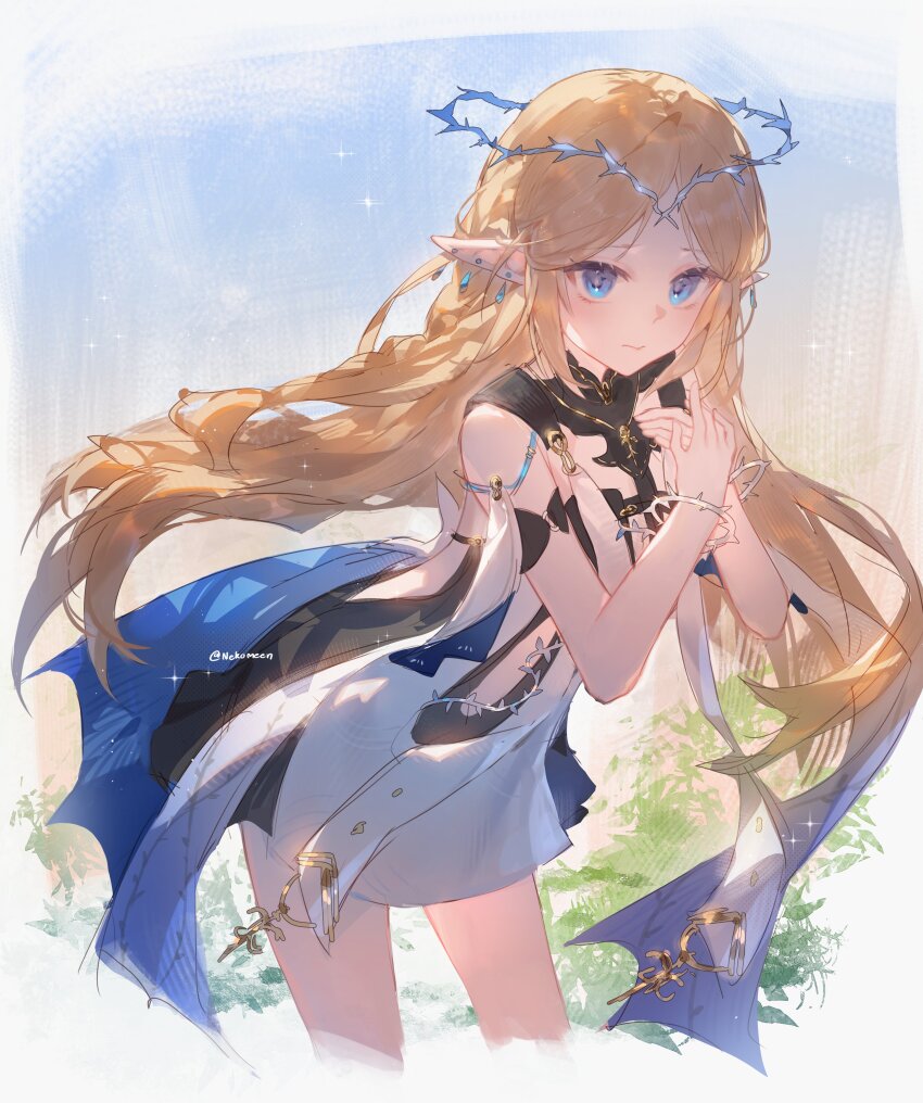 1girl, absurdres, artistic_error, bare_shoulders, black_collar, black_dress, blonde_hair, blue_eyes