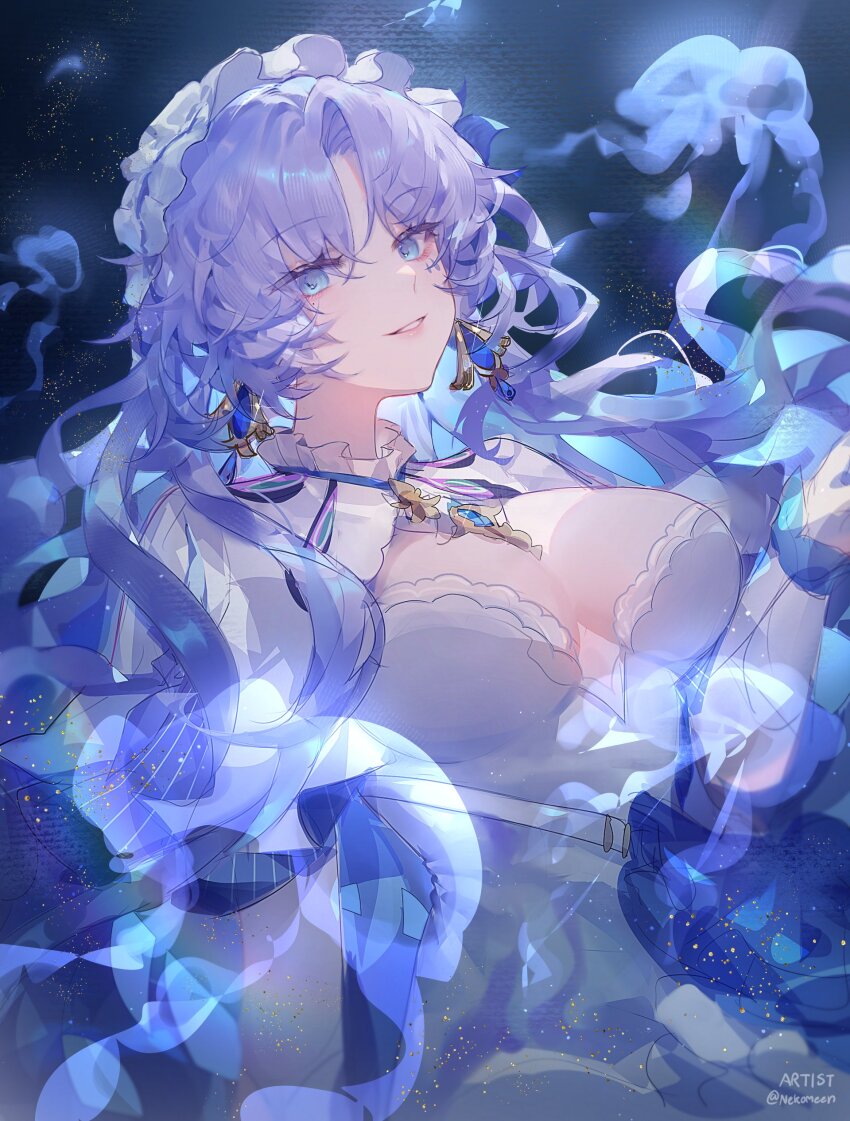 1girl, absurdres, blue_eyes, blue_flower, breasts, cantarella_(wuthering_waves), commentary, earrings