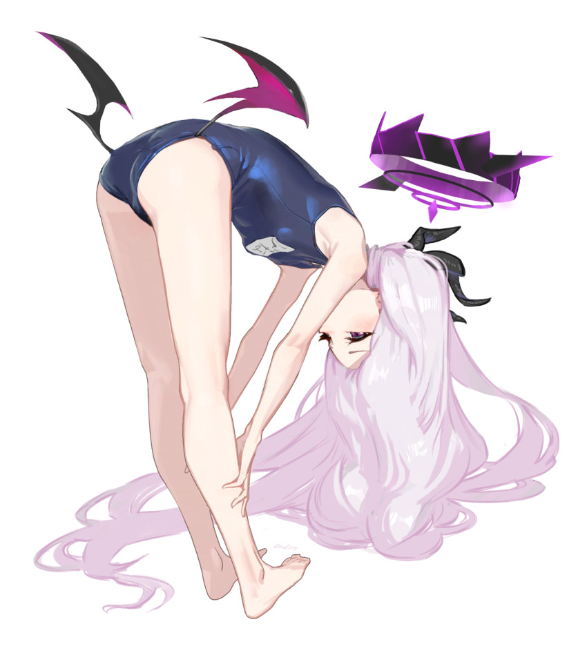 1girl, ass, bare_arms, barefoot, bent_over, black_halo, black_horns, blue_archive