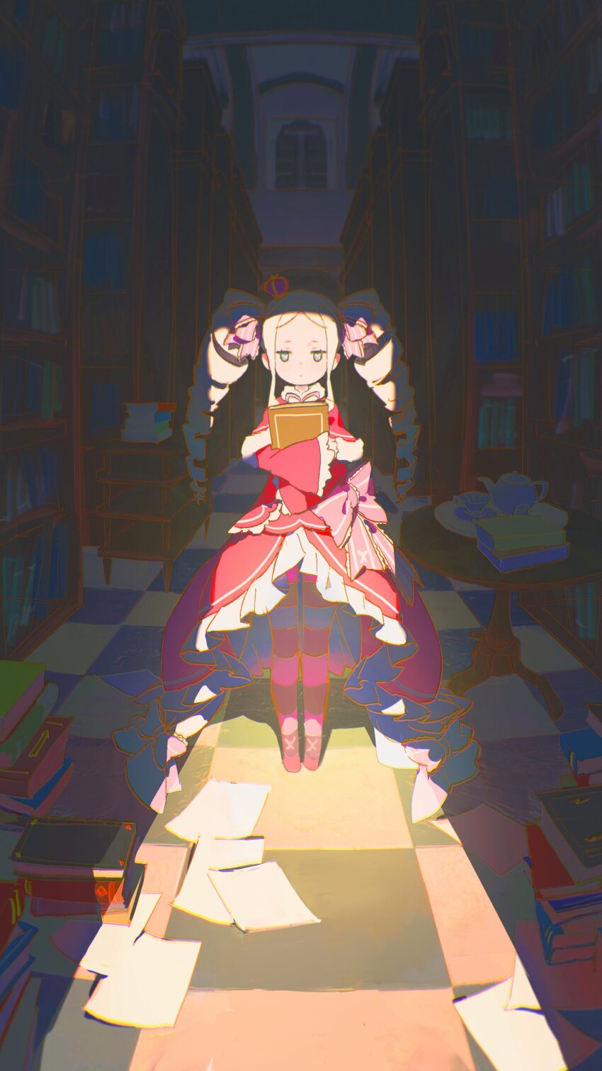 1girl, absurdres, beatrice_(re:zero), blonde_hair, blue_eyes, book, book_stack, bookshelf, butterfly-shaped_pupils, capelet, crown, drill_hair, expressionless, full_body, fur-trimmed_capelet, fur_trim, hair_ribbon, highres, holding, holding_book, indoors, long_hair, long_sleeves, looking_at_viewer, mini_crown, pantyhose, pink_capelet, pink_pupils, pink_ribbon, re:zero_kara_hajimeru_isekai_seikatsu, ribbon, solo, standing, striped_clothes, striped_pantyhose, symbol-shaped_pupils, teapot, twin_drills, yarr