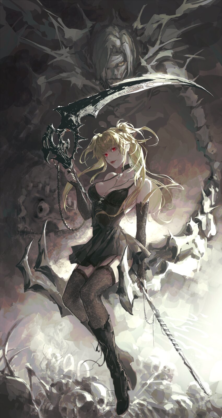 2girls, absurdres, amane_misa, artist_name, black_boots, black_choker, black_dress, black_sleeves