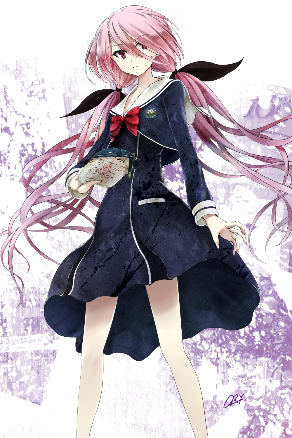 -cry85339067, 1girl, bare_legs, black_bow, bow, breasts, chaos;child, chest_bow