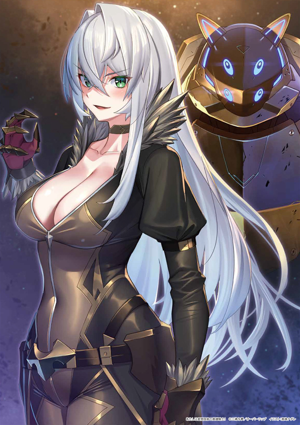 1girl, :d, animal_ears, artist_name, atashi_wa_seikan_kokka_no_eiyuu_kishi!, belt, black_bodysuit, black_choker