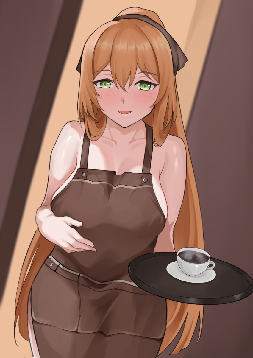 1girl, absurdres, apron, bare_arms, bare_shoulders, blush, breasts, brown_apron, brown_ribbon, coffee, collarbone, covered_erect_nipples, cup, espresso_(drink), fiftya, girls'_frontline, girls'_frontline_2:_exilium, green_eyes, hair_ribbon, high_ponytail, highres, holding, holding_tray, large_breasts, leaning_forward, long_hair, naked_apron, open_mouth, orange_hair, ponytail, ribbon, smile, solo, springfield_(girls'_frontline), tray, very_long_hair