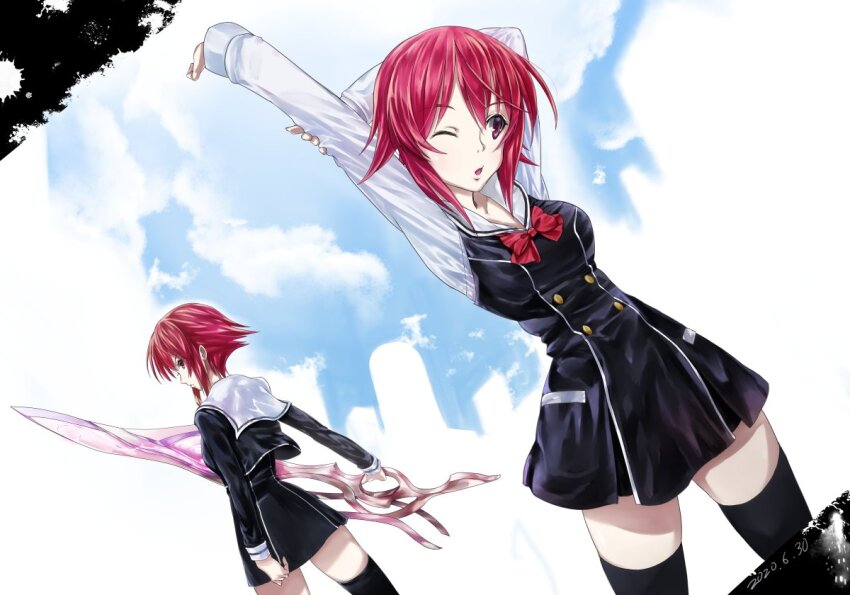 -cry85339067, 2girls, :o, arm_up, black_thighhighs, bow, breasts, buttons