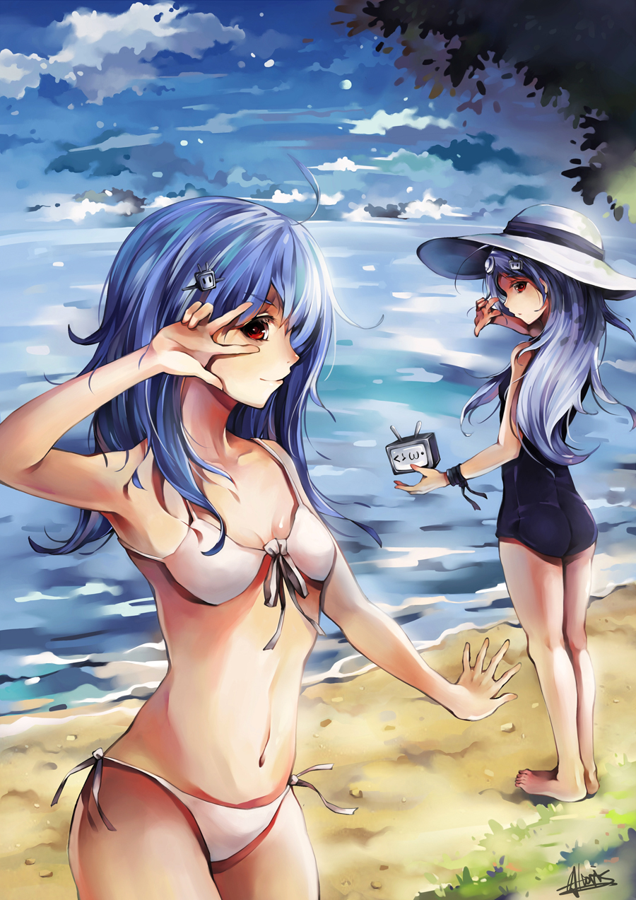 10s, 2girls, ahoge, altoris_(scee), aqua_hair, barefoot, beach, bikini