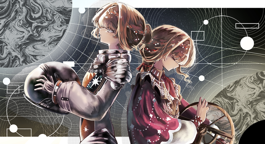 2girls, absurdres, astronaut, back-to-back, blonde_hair, blue_eyes, braid, braided_bangs