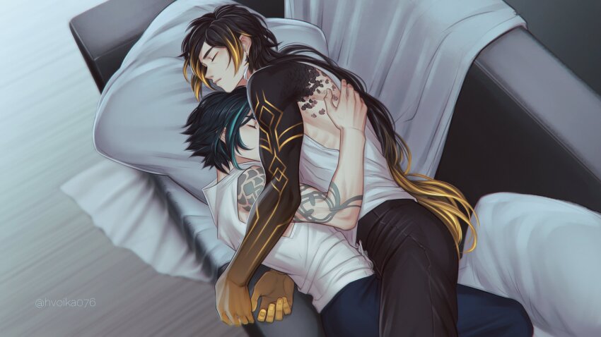 2boys, absurdres, alternate_form, black_hair, blonde_hair, blue_hair, closed_eyes, closed_mouth