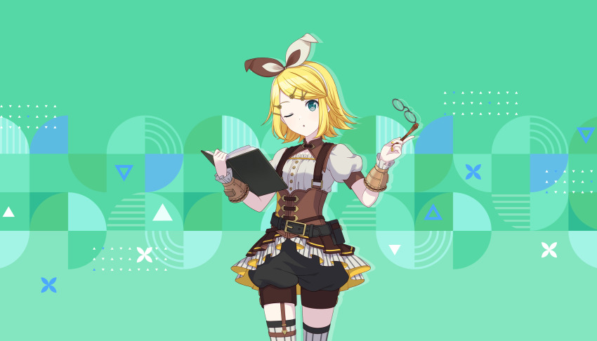 1girl, ;o, belt, black_belt, black_shorts, blonde_hair, book, bow, bow_hairband, brown_bow, colorful_palette, game_cg, garter_straps, green_background, green_eyes, grey_thighhighs, hair_ornament, hairband, hairclip, highres, holding, holding_book, holding_removed_eyewear, kagamine_rin, medium_hair, official_art, one_eye_closed, open_book, project_sekai, puffy_short_sleeves, puffy_shorts, puffy_sleeves, revival_my_dream_(project_sekai), short_sleeves, shorts, single_garter_strap, solo, striped_clothes, striped_thighhighs, thighhighs, third-party_source, triangle, unworn_eyewear, vocaloid, white_bow