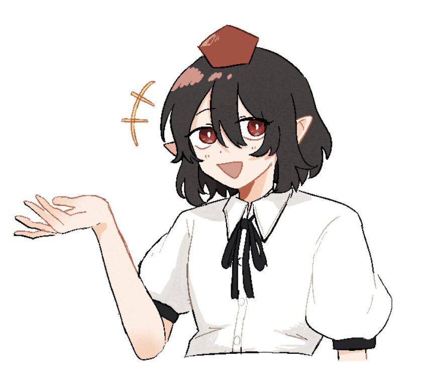 1girl, black_hair, bright_pupils, hair_between_eyes, hand_up, hat, looking_at_viewer, medium_hair