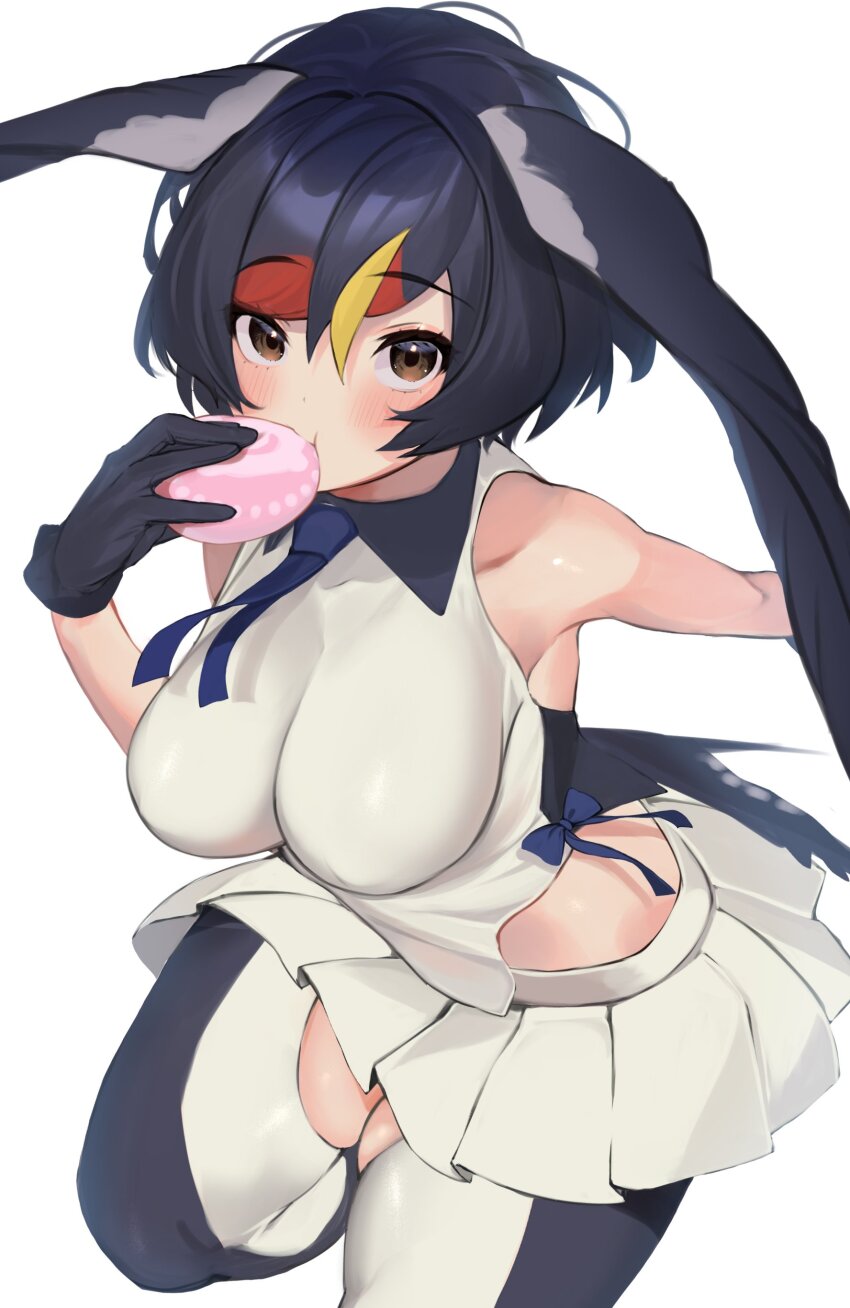 1girl, a888_n22, absurdres, bare_shoulders, barn_swallow_(kemono_friends), bird_girl, bird_tail, bird_wings, black_gloves, black_hair, black_pantyhose, black_shirt, blonde_hair, blue_necktie, blush, brown_eyes, clothing_cutout, collared_shirt, cowboy_shot, crotch_cutout, eating, food, gloves, hair_between_eyes, head_wings, highres, japari_bun, japari_symbol, kemono_friends, multicolored_hair, necktie, pantyhose, pleated_skirt, red_hair, shirt, short_hair, sidelocks, skirt, sleeveless, solo, tail, two-tone_pantyhose, two-tone_shirt, white_pantyhose, white_shirt, white_skirt, wings