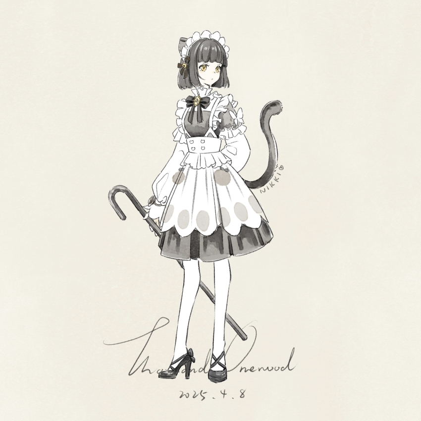 1girl, :o, animal_ears, apron, arm_behind_back, bell, black_bow, black_dress, black_hair, black_shoes, blunt_bangs, blunt_ends, bow, breezy_tea_time_(infinity_nikki), brown_background, cane, cat_ears, cat_girl, cat_tail, chinese_commentary, commentary_request, dated, dot_nose, dress, english_text, expressionless, footwear_bow, frilled_apron, frilled_sleeves, frills, full_body, hair_bell, hair_bow, hair_ornament, high_heels, highres, holding, holding_cane, infinity_nikki, layered_sleeves, long_sleeves, looking_to_the_side, maid, maid_headdress, medium_dress, nikki_(series), pantyhose, parted_lips, pleated_dress, puffy_long_sleeves, puffy_sleeves, qianyimuthyimu, shoes, short_hair, short_over_long_sleeves, short_sleeves, signature, simple_background, sleeve_bow, sleeves_past_wrists, solo, standing, stiletto_heels, stylist_(nikki), tail, white_apron, white_bow, white_pantyhose, white_sleeves, yellow_eyes