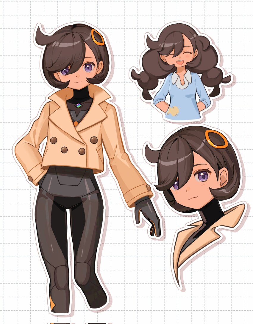 1girl, aged_up, black_bodysuit, black_hair, blue_sweater, blush, bodysuit, bodysuit_under_clothes, breasts, closed_eyes, closed_mouth, collared_shirt, dark-skinned_female, dark_skin, emma_(pokemon), gloves, highres, jacket, kinomi_3030, long_hair, looking_at_viewer, nintendo, open_mouth, patch, pokemon, pokemon_legends:_z-a, pokemon_x_and_y, purple_eyes, shirt, short_hair, smile, solo, sweater, upper_body