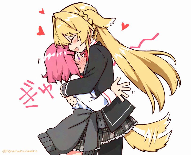 2girls, amaori_renako, animal_ears, ashigaya_high_school_uniform, blonde_hair, blush, bow, braid