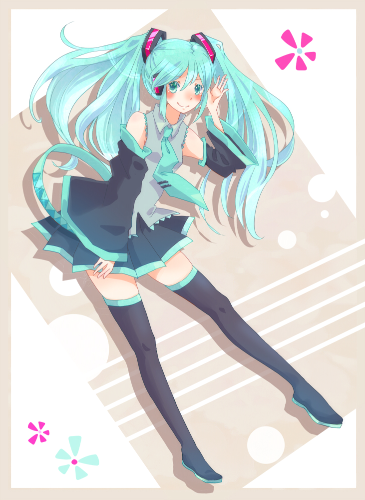 1girl, aqua_hair, bad_id, bad_pixiv_id, bluetenbin, blush, boots, detached_sleeves