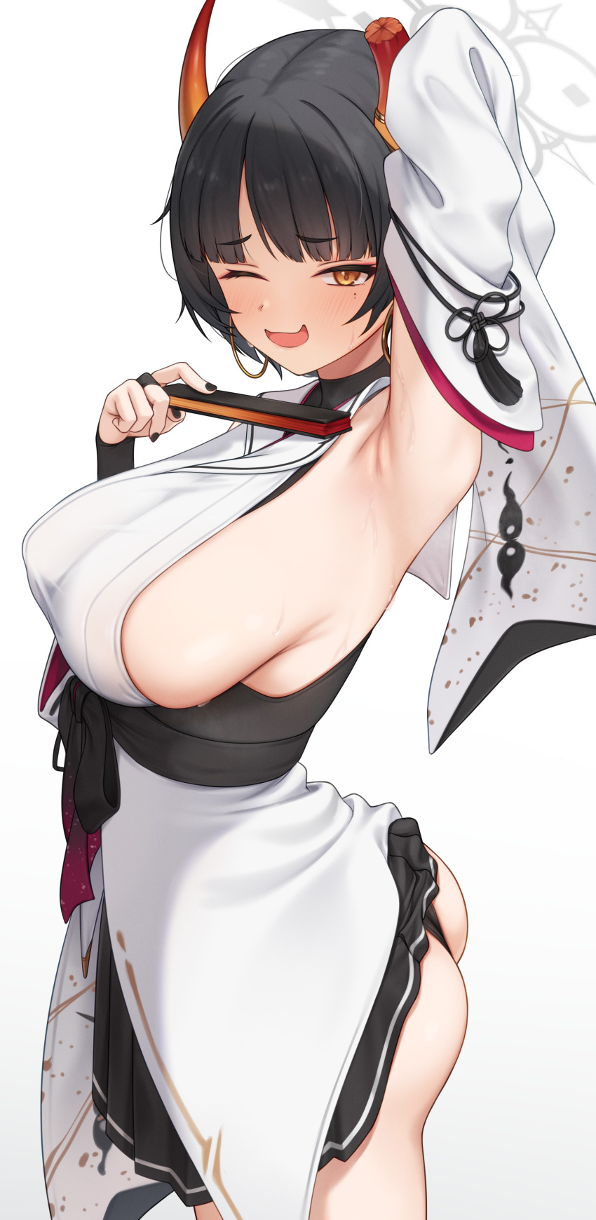 1girl, absurdres, arm_up, armpit_focus, armpits, ass, black_hair, blue_archive, blush, breasts, brown_eyes, commentary, cowboy_shot, detached_sleeves, dress, halo, hand_fan, hayasi_iru, highres, holding, holding_fan, japanese_clothes, large_breasts, looking_at_viewer, niya_(blue_archive), one_eye_closed, open_mouth, presenting_armpit, short_hair, sideboob, simple_background, sleeveless, smile, solo, standing, white_background, wide_sleeves