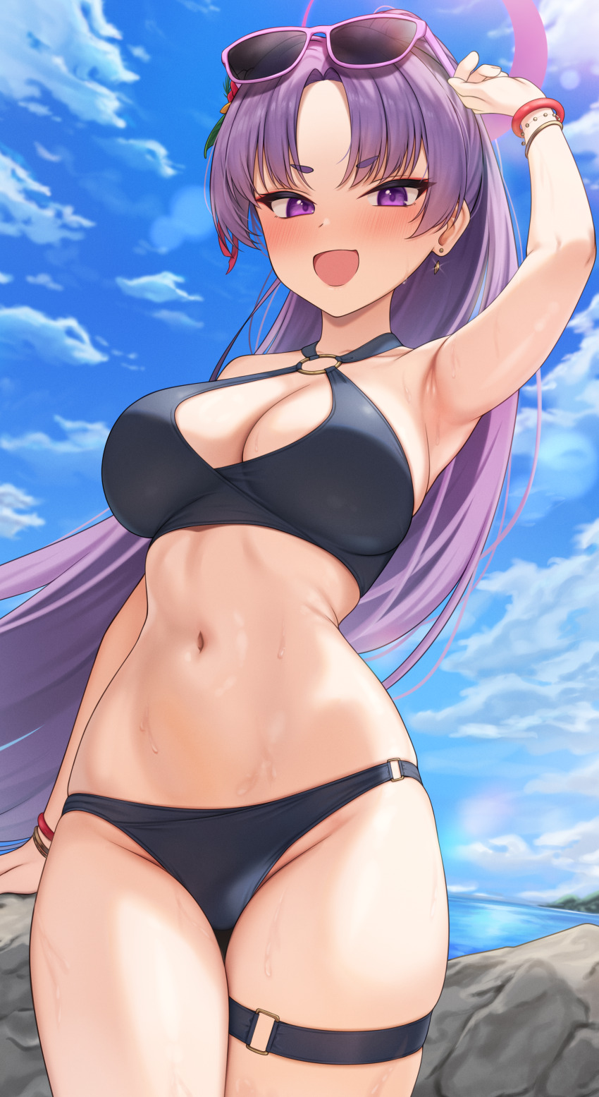 1girl, absurdres, armpits, bikini, black_bikini, blue_archive, blush, breasts