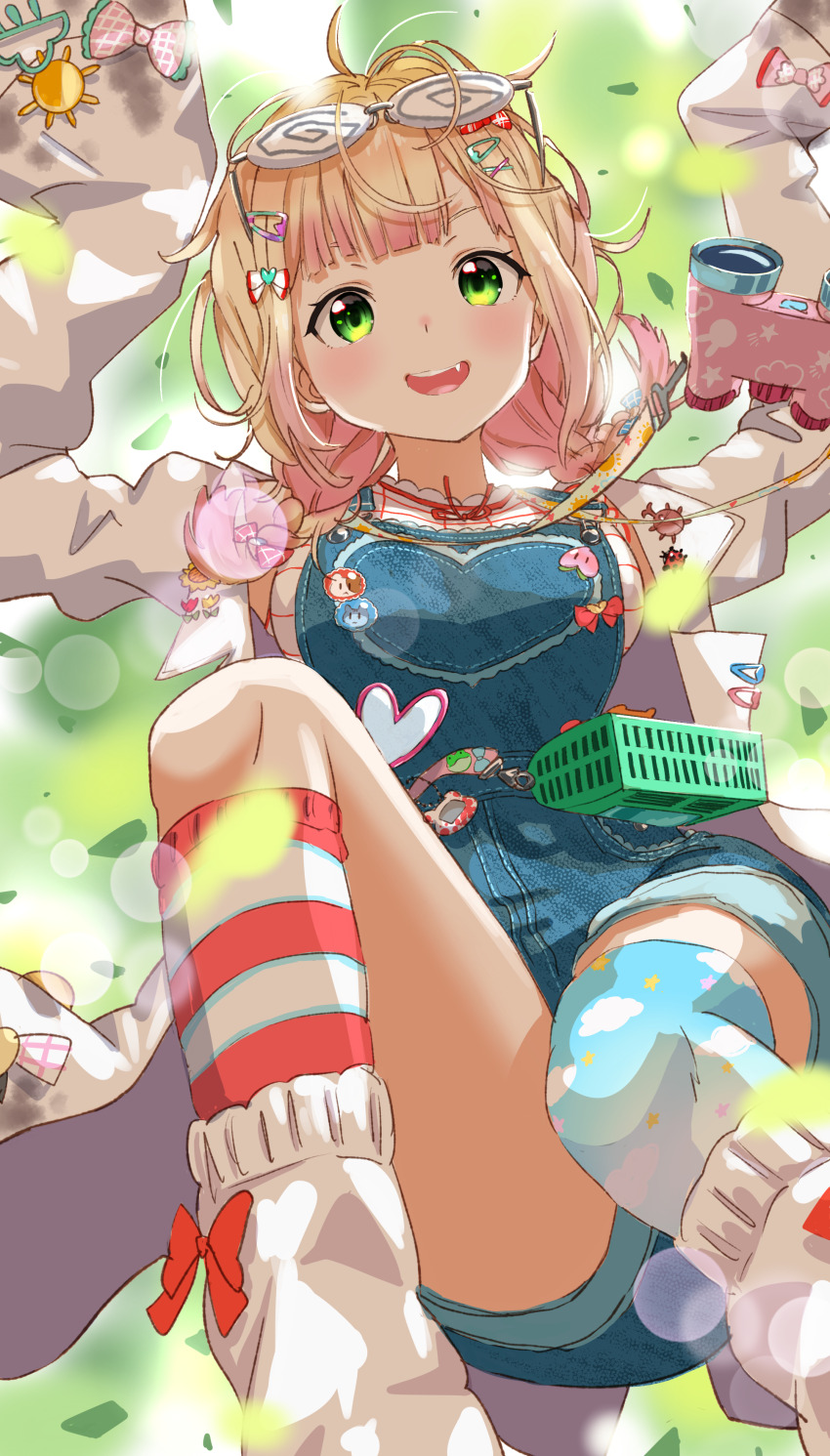 1girl, absurdres, arms_up, asymmetrical_legwear, binoculars, blonde_hair, blue_overalls, blue_thighhighs