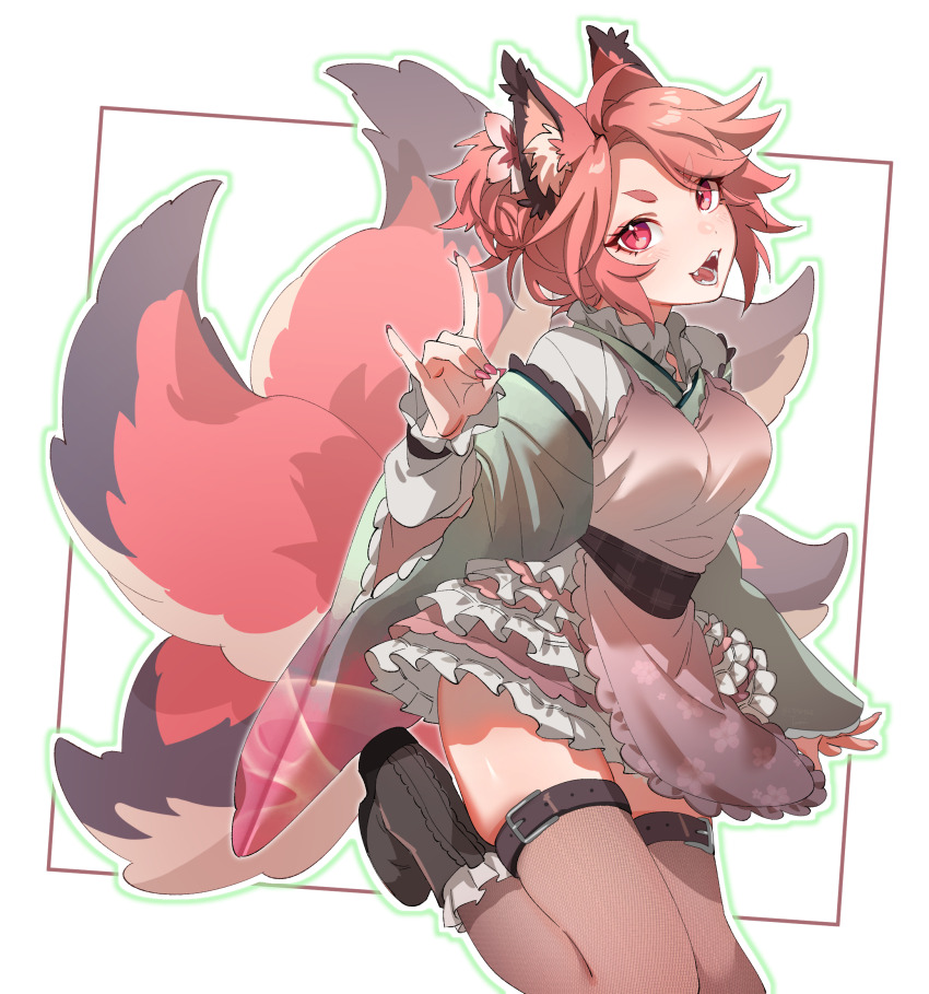 1girl, animal_ears, apron, belt, black_boots, black_sash, black_tail, black_thighhighs