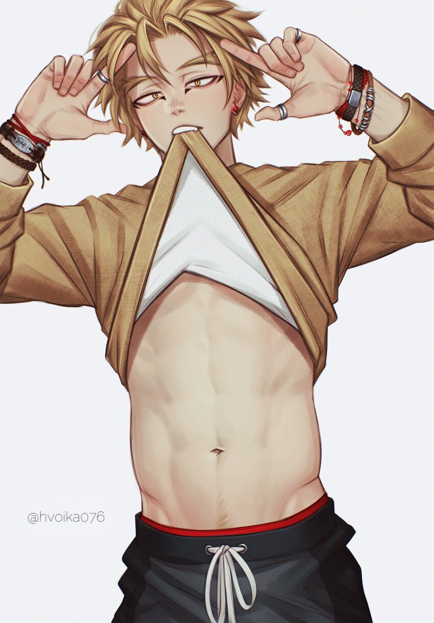 1boy, alternate_costume, black_pants, blonde_hair, boku_no_hero_academia, bracelet, clothes_lift, cowboy_shot