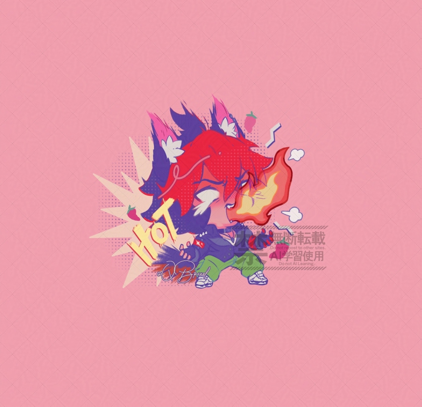 1boy, animal_ears, artist_name, black_jacket, chibi, chili_pepper, commentary, english_text