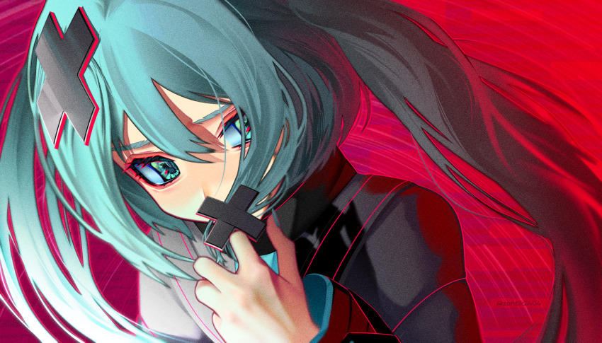 1girl, aqua_eyes, aqua_hair, batsu_miku, hair_between_eyes, hair_ornament, hatsune_miku, highres
