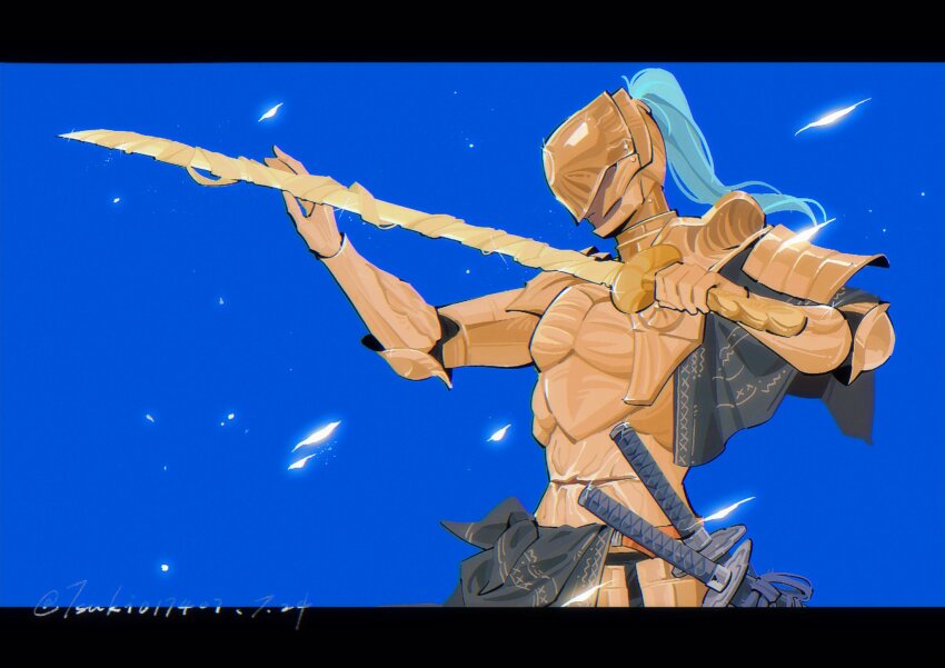 1boy, armor, blue_background, blue_hair, covered_eyes, dark-skinned_male, dark_skin, elden_ring