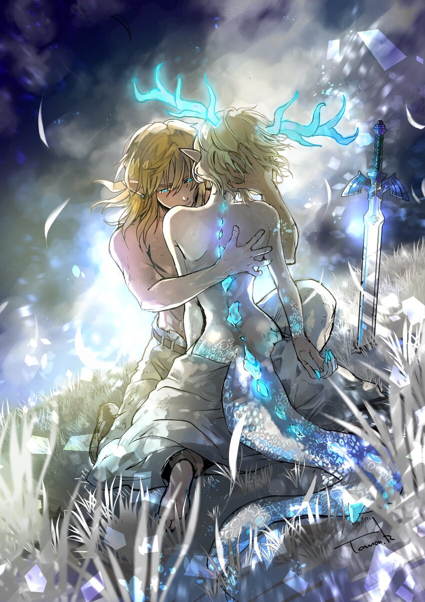 1boy, 1girl, absurdres, artist_name, barefoot, blonde_hair, commentary_request, dragon, dragon_girl, dragon_horns, dragon_tail, glowing_spines, highres, horns, hug, light_dragon_(zelda), link, master_sword, nintendo, planted, planted_sword, planted_weapon, princess_zelda, scales, signature, spines, sword, tail, the_legend_of_zelda, the_legend_of_zelda:_tears_of_the_kingdom, topless_female, topless_male, weapon, yamiochirink