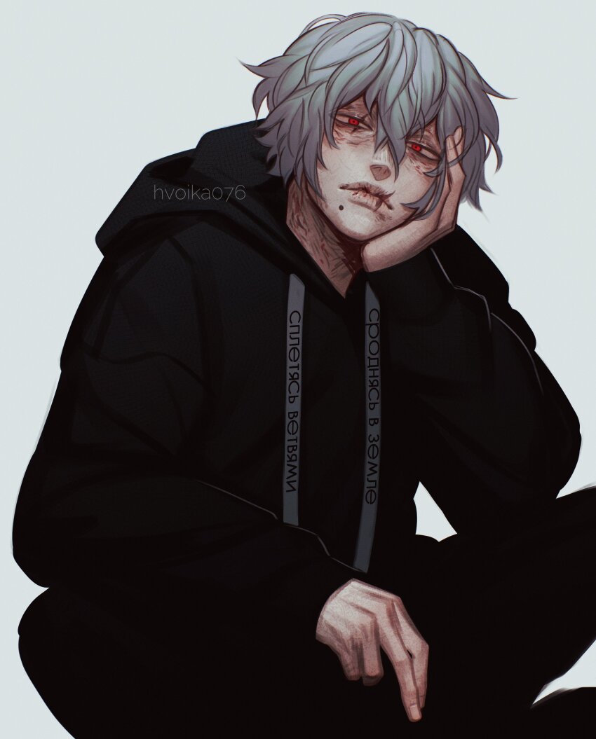 1boy, absurdres, alternate_costume, artist_name, boku_no_hero_academia, cracked_lips, grey_background, grey_hair, hair_between_eyes, hand_on_own_face, highres, hood, hoodie, lips, long_sleeves, looking_at_viewer, male_focus, red_eyes, saika076, scar, scar_on_face, scar_on_mouth, shigaraki_tomura, short_hair, simple_background, solo