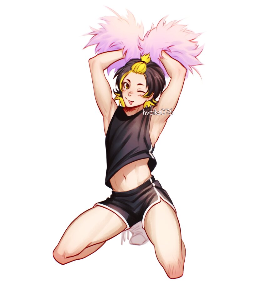 1boy, :p, alternate_costume, armpits, arms_up, bachira_meguru, bangs_pinned_back, black_hair