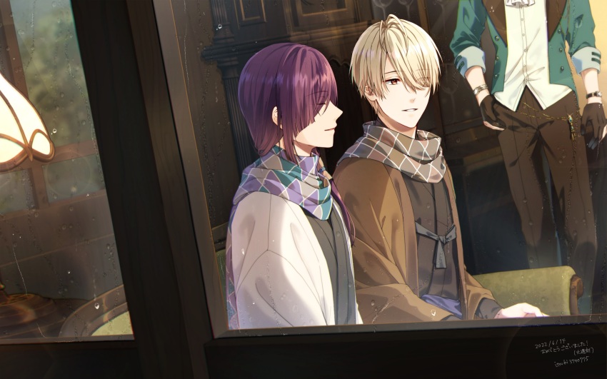 3boys, argyle_clothes, argyle_scarf, ascot, black_gloves, black_kimono, blonde_hair, brown_eyes