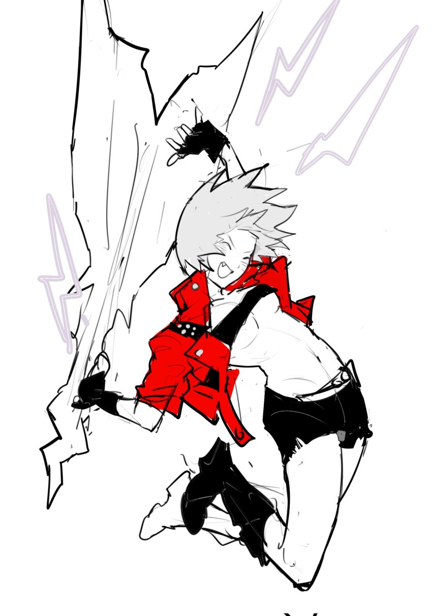 1girl, belt_bra, black_boots, black_gloves, black_shorts, boots, breasts, closed_eyes