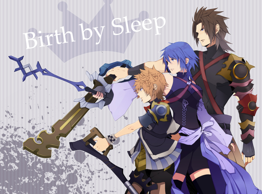 1girl, 2boys, aqua_(kingdom_hearts), armor, bad_id, bad_pixiv_id, bare_shoulders, black_thighhighs