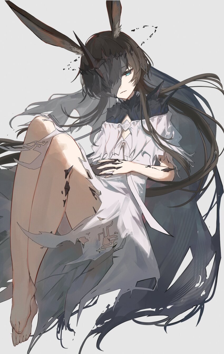 1girl, absurdres, amiya_(arknights), amiya_(demon_king)_(arknights), animal_ear_fluff, animal_ears, arknights, barefoot, black_veil, blue_eyes, brown_hair, civilight_eterna, commentary_request, crown, dress, feet, floating_crown, full_body, hair_over_one_eye, highres, hrk_(dxez4457), interlocked_fingers, long_hair, material_growth, official_alternate_costume, one_eye_covered, oripathy_lesion_(arknights), own_hands_together, parted_lips, ponytail, rabbit_ears, rabbit_girl, sidelocks, simple_background, solo, toes, veil, veil_over_one_eye, white_dress