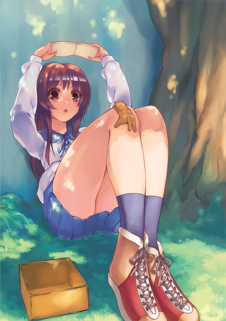 1girl, :o, against_wall, arms_up, baby_animal, bad_id, bad_pixiv_id, black_socks