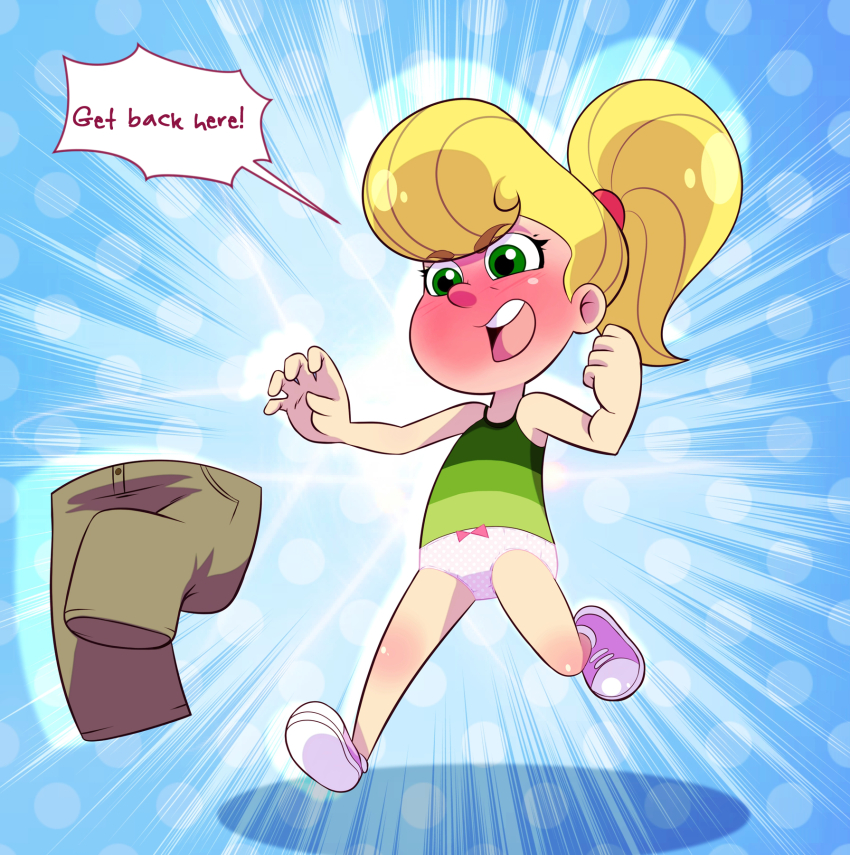 1girl, angry, blonde_hair, blue_background, blush, bow, bow_panties, brown_pants, chasing, cindy_vortex, flat_chest, green_eyes, green_shirt, high_ponytail, highres, jimmy_neutron_(series), living_clothes, loli, lolilolalove, long_hair, nickelodeon, open_mouth, panties, pants, pink_bow, pink_panties, polka_dot, polka_dot_background, polka_dot_panties, ponytail, purple_shoes, running, scene_reference, shirt, shoes, sneakers, speech_bubble, striped_clothes, striped_shirt, sunburst, sunburst_background, tank_top, teeth, underwear, unworn_pants