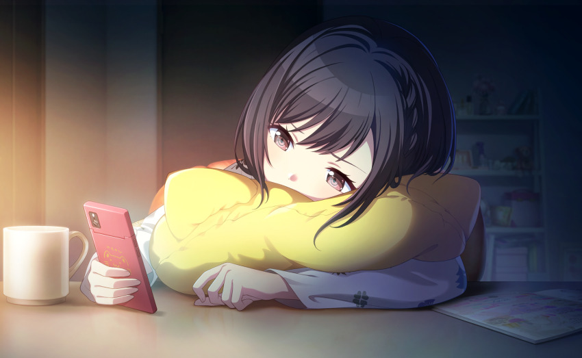 1girl, akari_no_mirage_(project_sekai), braid, brown_eyes, brown_hair, colorful_palette, covering_own_mouth, cup, game_cg, highres, holding, holding_phone, holding_pillow, looking_at_object, official_art, phone, pillow, project_sekai, shelf, shinonome_ena, sitting, solo, table, third-party_source