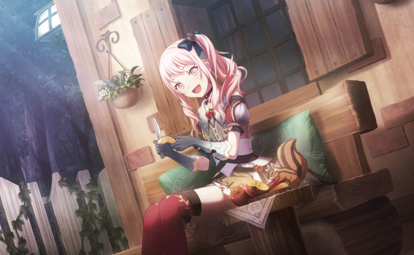 1other, :d, akari_no_mirage_(project_sekai), akiyama_mizuki, apple, bench, colorful_palette, detached_sleeves, dutch_angle, fence, food, fruit, game_cg, gloves, grey_gloves, grey_sleeves, heart, highres, holding, holding_food, holding_fruit, holding_knife, knife, looking_at_viewer, official_alternate_costume, official_art, open_mouth, pink_eyes, pink_hair, plant, potted_plant, project_sekai, puffy_short_sleeves, puffy_sleeves, red_thighhighs, short_sleeves, side_ponytail, sitting, smile, solo, squirrel, thighhighs, third-party_source, tongue, window, wooden_fence