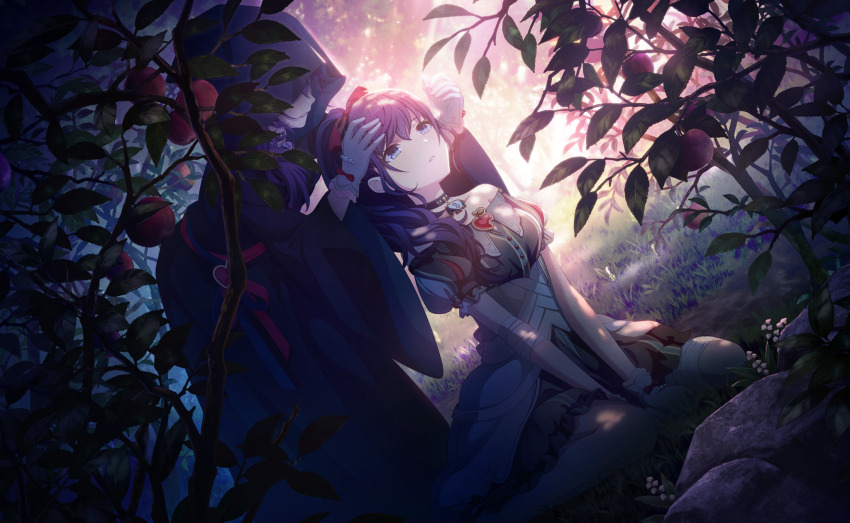 2girls, akari_no_mirage_(project_sekai), apple, asahina_mafuyu, black_choker, black_dress, choker, colorful_palette