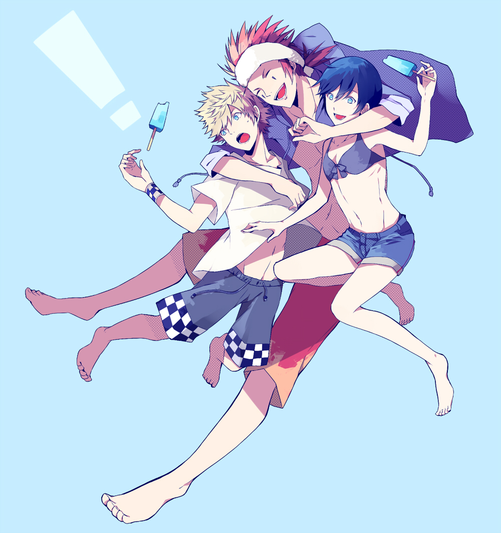 !, 1girl, 2boys, arm_around_neck, axel, bad_id, bad_pixiv_id, barefoot, bikini, bikini_top_only, black_hair, black_male_swimwear, black_swim_trunks, blonde_hair, blue_eyes, closed_eyes, drawstring, facial_mark, food, headband, jacket, jumping, kingdom_hearts, kingdom_hearts_358/2_days, legs, male_swimwear, midriff, multiple_boys, navel, open_mouth, popsicle, red_hair, red_male_swimwear, red_swim_trunks, roxas, short_hair, simple_background, smile, swim_trunks, swimsuit, takashi_(huzakenna), wristband, xion_(kingdom_hearts)