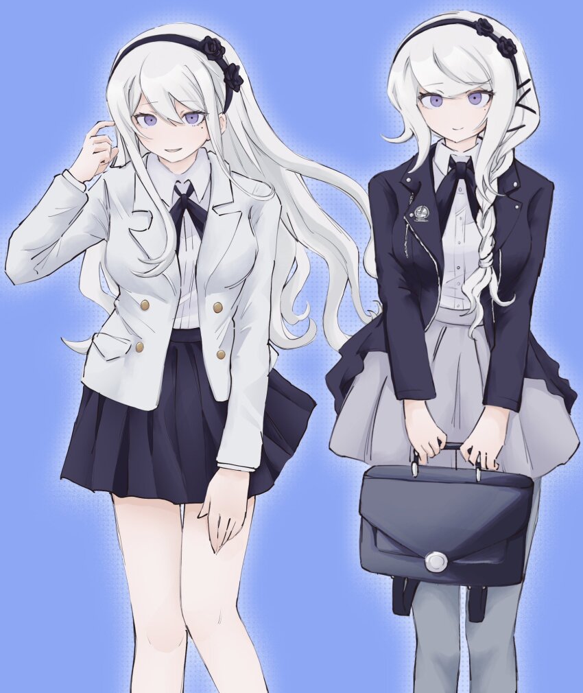 2girls, black_hairband, black_jacket, black_ribbon, black_skirt, blue_background, braid, briefcase