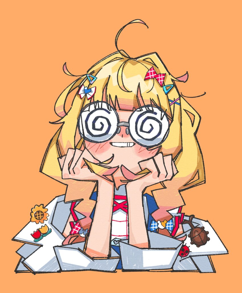 1girl, beetle, blonde_hair, blue_overalls, blunt_bangs, blush, bow, braid