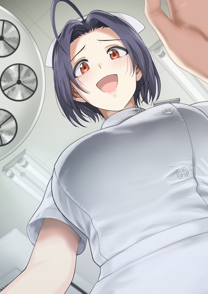 1girl, :d, ahoge, blue_hair, blush, bob_cut, breasts, ceiling